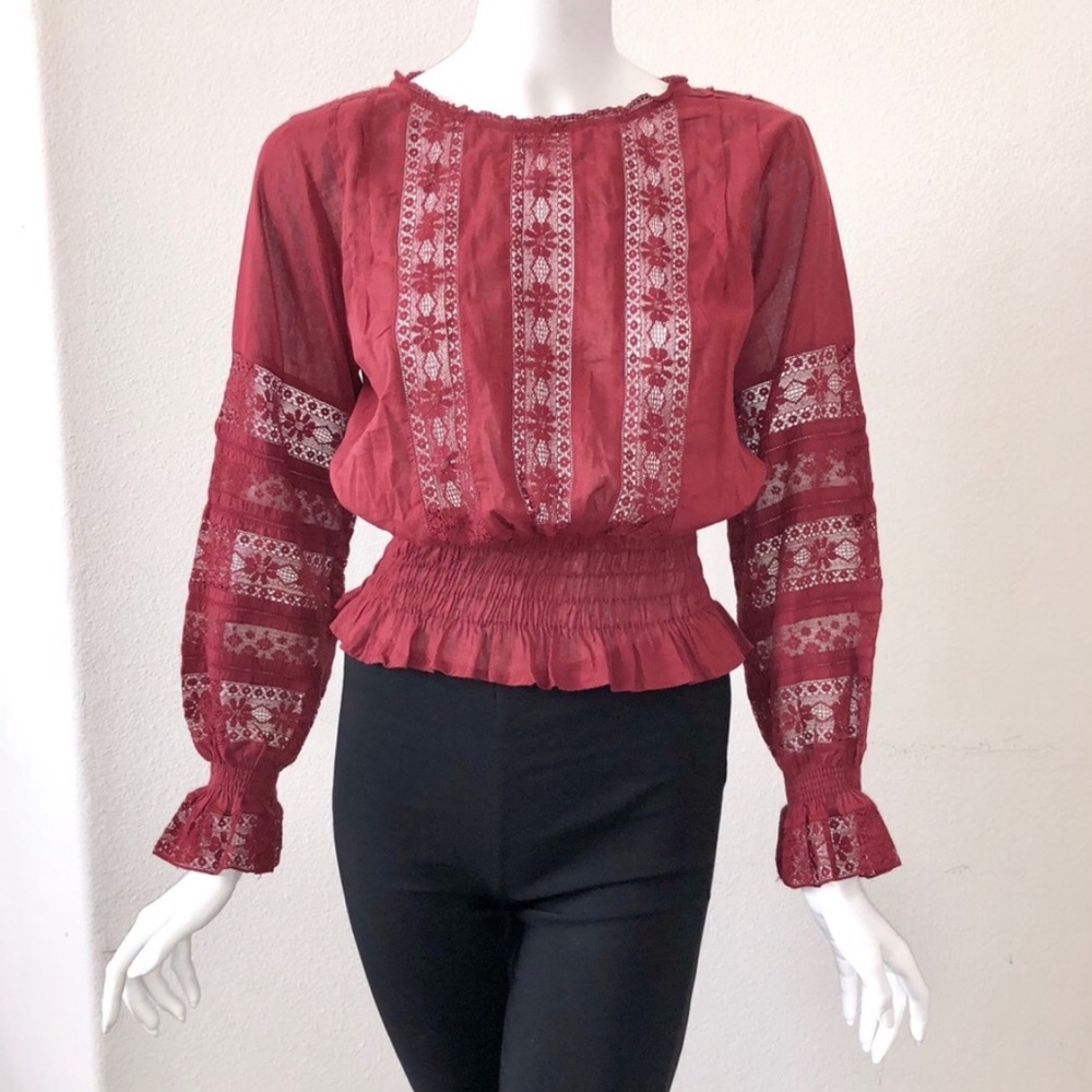 Antik Batik Red Embroidered Peasant Blouse
